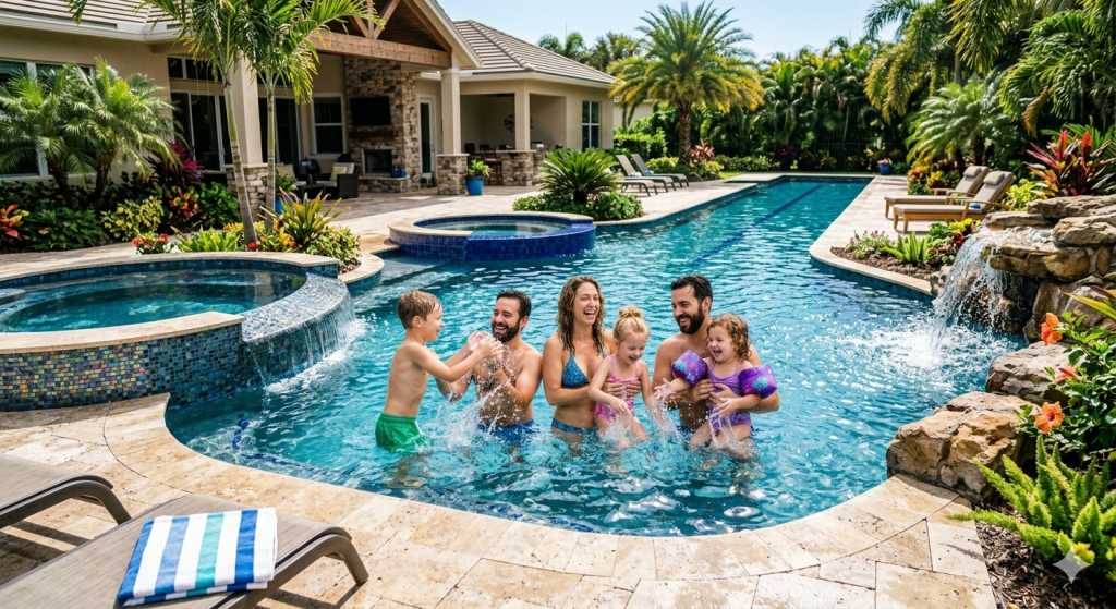 Adults enjoying the pool with there kids. We repair your pool you get endless time in your pool