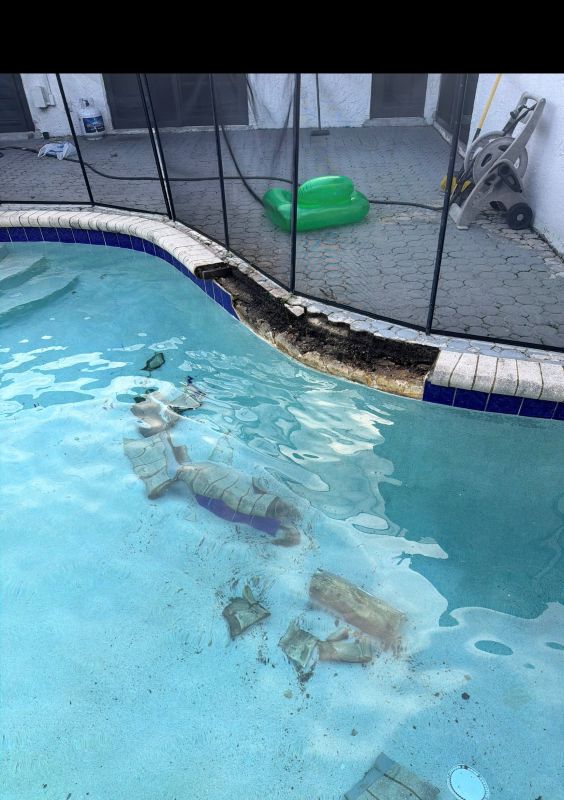 All coping fell in the pool due to a bond beam issue. It appears no mastic joint was put in. Pools Problems