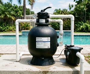 A picture of a sand filter. A pentair triton sand filter to be exact. With a pool in the background